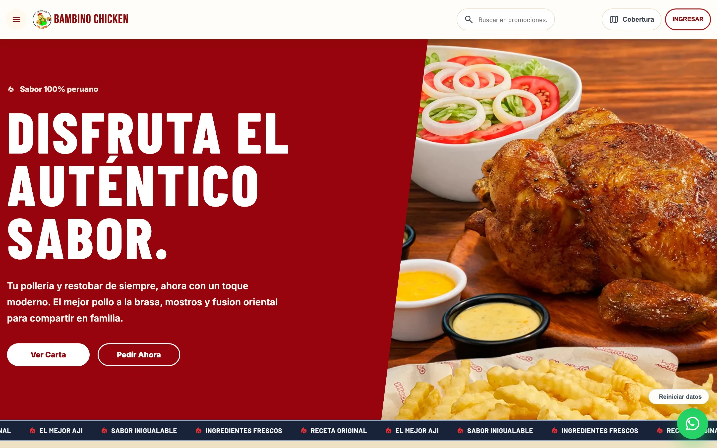 Portada de la tienda con un pollo a la brasa, papas y cremas, y los botones Ver Carta y Pedir Ahora.