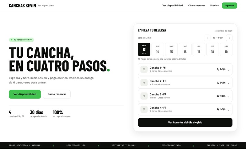 Pantalla de reserva de Reservas de canchas deportivas